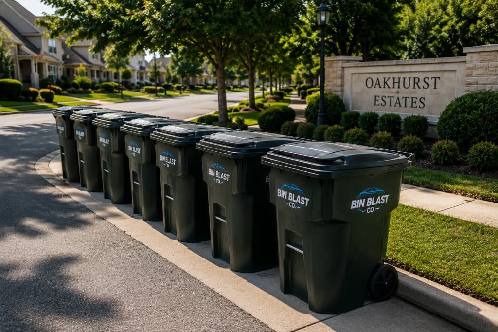 Bin Blast Co. branded trash bins lined up along a neighborhood curb for HOA service