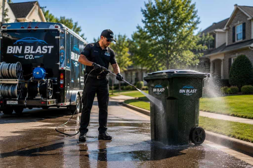 Bin Blast Co. technician power washing a residential trash bin at the curb